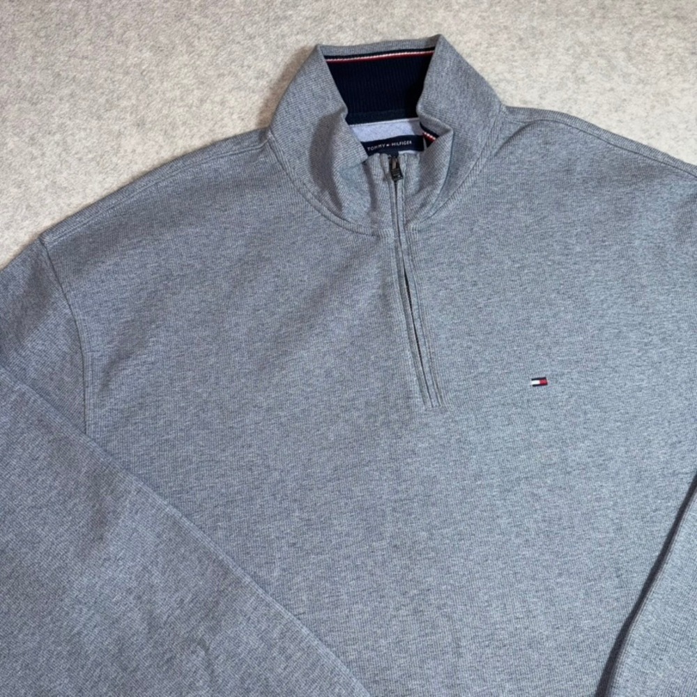 Tommy Hilfiger Quarter Zip Pullover Mens XL Blue Gray Mock Neck Ribbed
